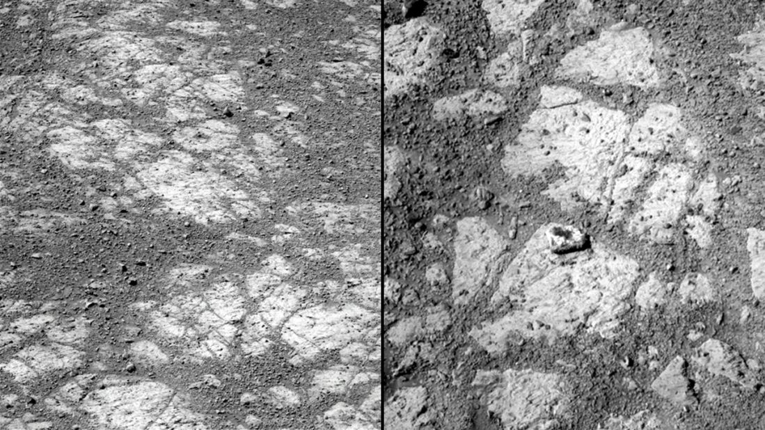 Scientists are baffled by the sudden appearance of a jelly doughnut-like rock that the Opportunity rover spotted in January 2014. These are images of the same location; the rock on the right was not there 12 days earlier. Researchers now believe the rover's wheels flicked the rock into its current spot. 
