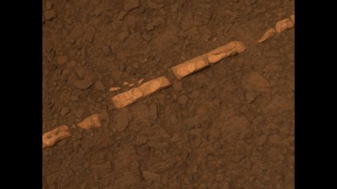 Opportunity found bright veins of a mineral that appeared to be gypsum. The vein shown here is informally called Homestake. The mineral is deposited by water. It and other deposits that look similar are in an area where sulfate-rich and volcanic bedrock meet -- at the rim of Endeavour Crater, where Opportunity is currently located. 