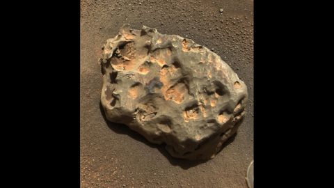 Opportunity discovered the first meteorite identified on a planet other than Earth. The rover's panoramic camera photographed the basketball-size object mostly composed of iron and nickel on January 6, 2005. 