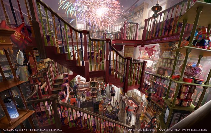 Shops in the new themed area will include Weasleys' Wizard Wheezes for fans of magical jokes and novelties inspired by the mischievous Weasley twins. 