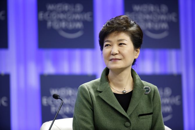 Park Geun Hye, South Korea's president, speaks during the opening day of the World Economic Forum in Davos. She emphasized the region-wide benefits of Korean unification. 