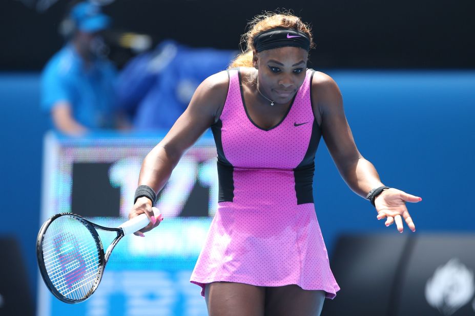 Serena Williams shows her frustration during her fourth round match with Ana Ivanovic. The American was hot favorite to win a sixth singles title in Melbourne but lost to the Serb in three sets 4-6 6-3 6-3 and dash any hopes of a clean sweep of the grand slams in 2014.   