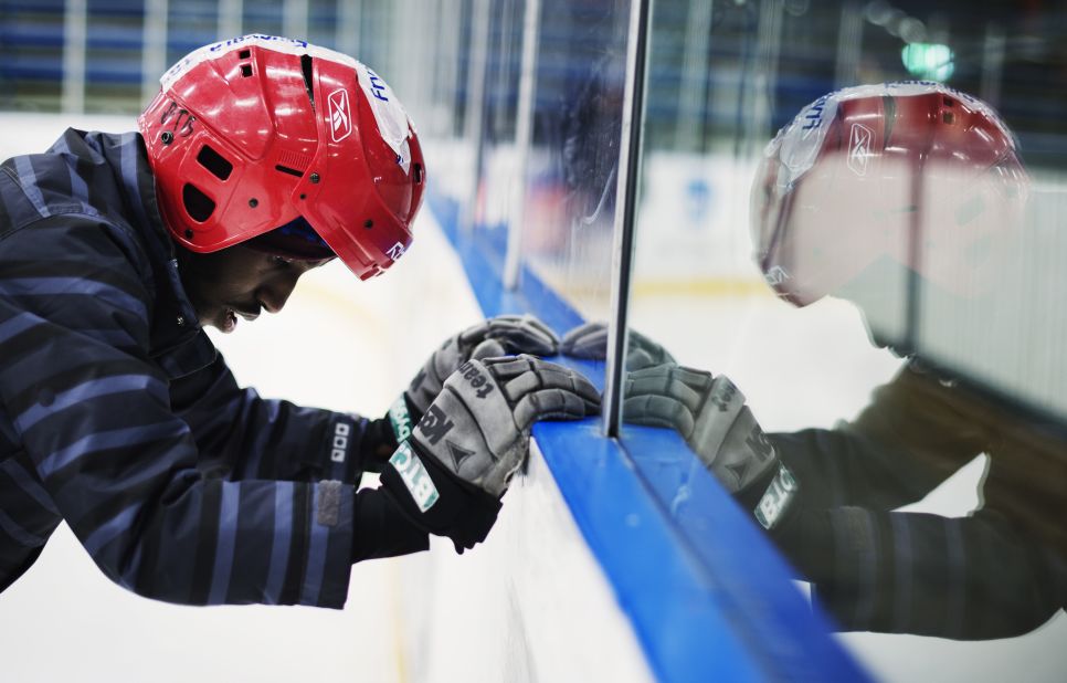 A Somali player gets ready to tackle the ice in training ahead of the Bandy World Championships in Russia.