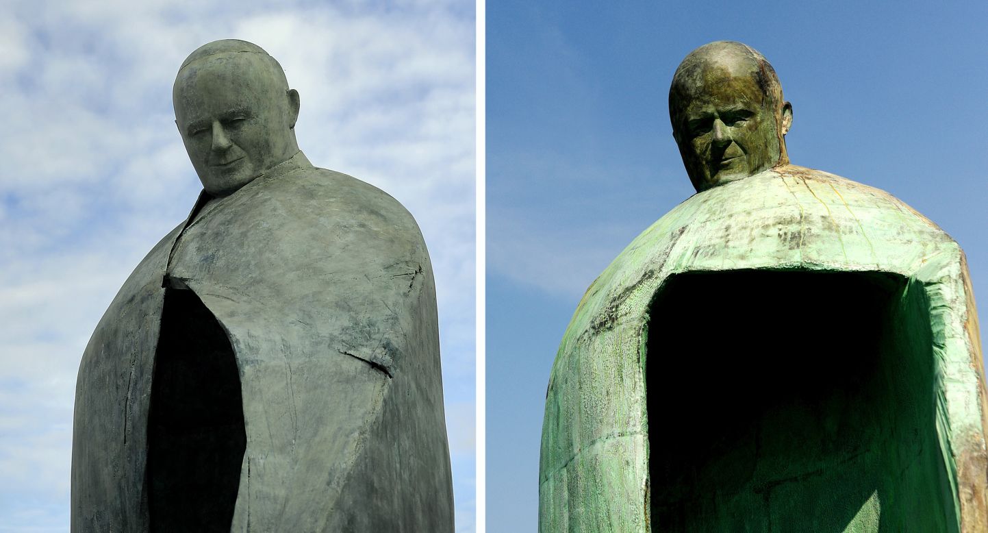 Right: The pope statue before people complained about the Mussolini resemblance. Left: After they "fixed" it. 