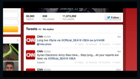 The affected accounts included CNN's main Facebook account, CNN Politics' Facebook account and the Twitter page for CNN, shown here, as well as blogs.