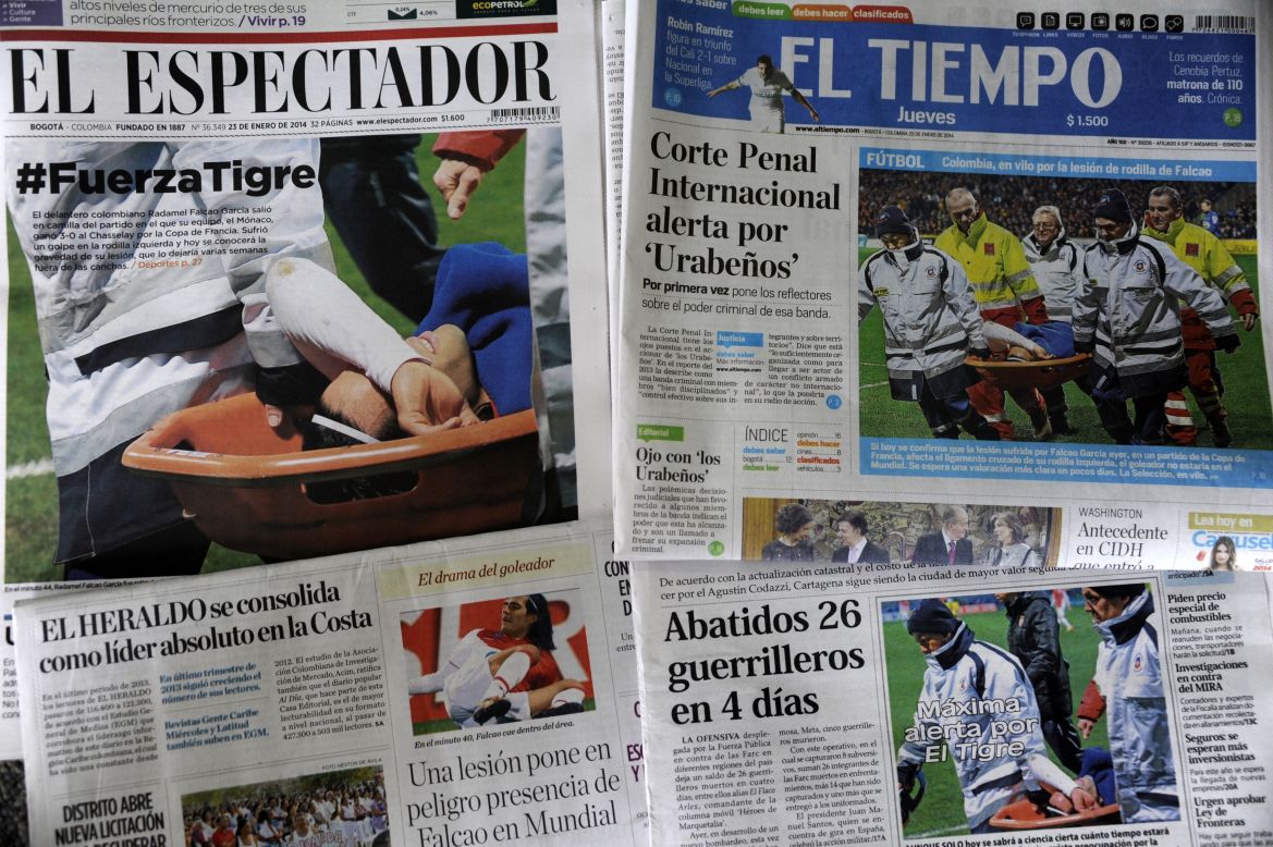 La lesión fue protagonista de las primeras páginas de los periódicos en Colombia, un país que había depositado en Falcao las ilusiones de sobresalir en el Mundial de Brasil 2014.