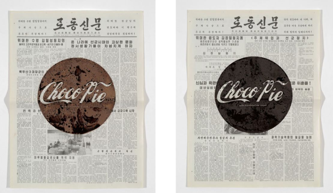 Chocolate is smeared on top of North Korean-run state newspaper Rodung Sinmun.