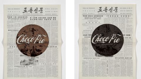 Chocolate is smeared on top of North Korean-run state newspaper Rodung Sinmun. 