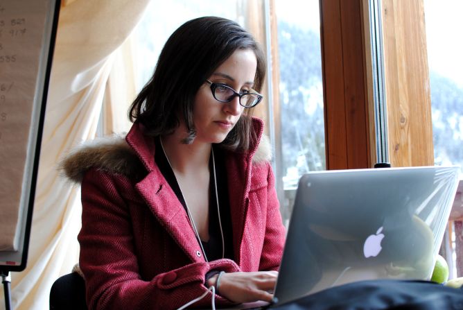 CNNMoney business reporter Alanna Petroff hard at work in the CNN makeshift bureau. 