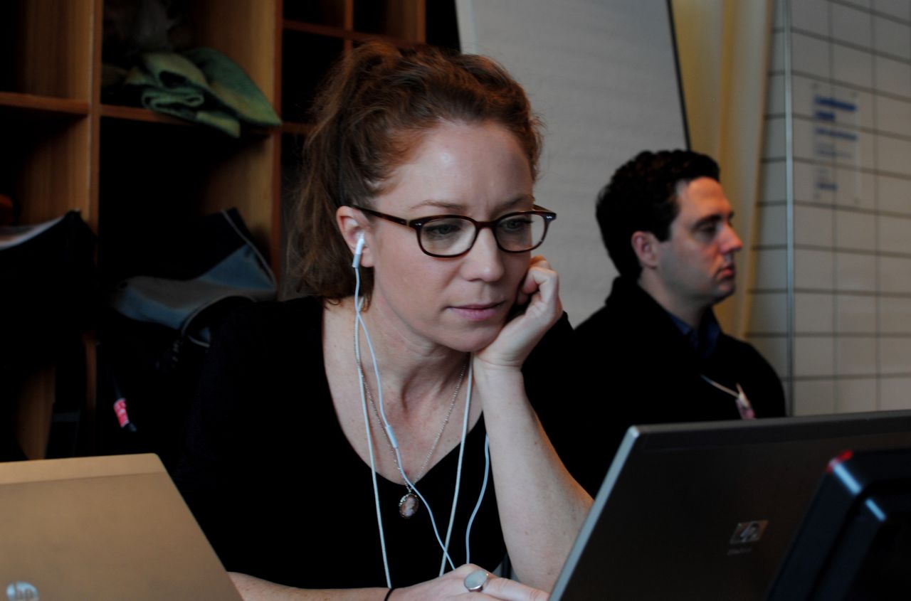 Irene Chapple, CNN digital producer, is working on her story in CNN's makeshift Davos bureau. 
