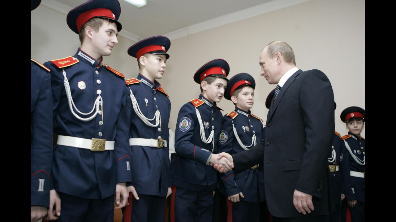 Russian President Vladimir Putin visits a Cossack cadet academy in Rostov-on-Don in February 2008.  Analysts have expressed concern that Moscow's new cozy relationship with the Cossacks could backfire, as some Cossacks have demanded more power and land rights.