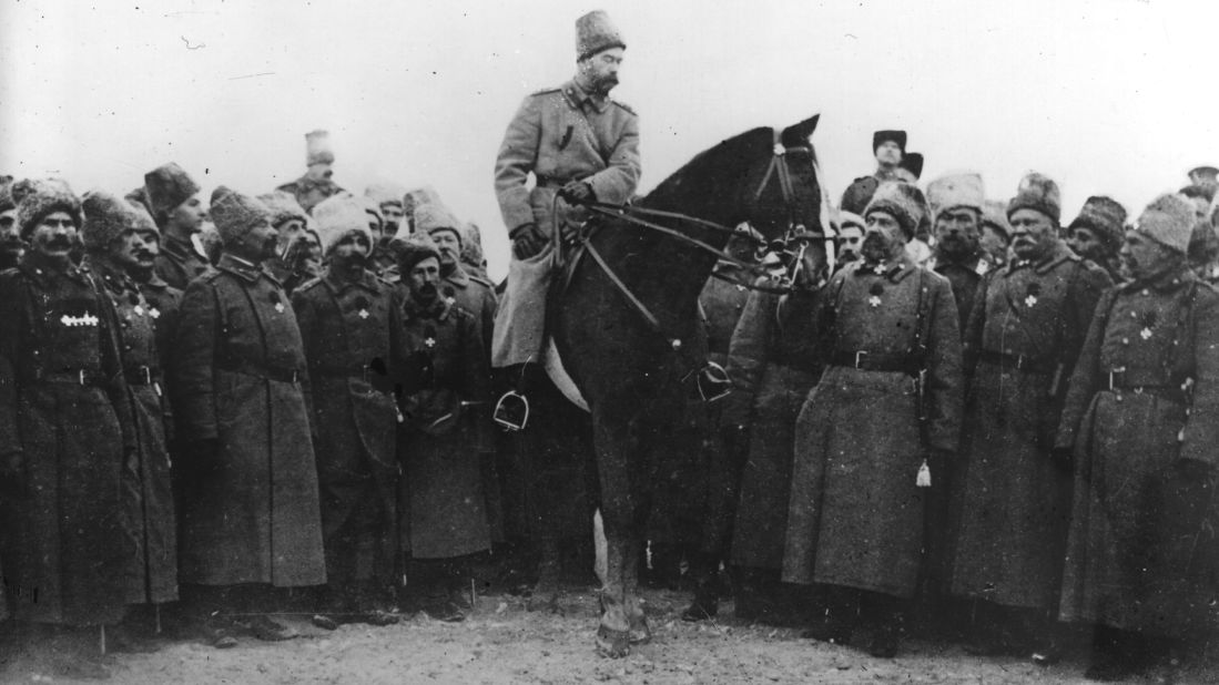 The Cossacks allied with Russia's last emperor, Tsar Nicholas II, to fight against the Bolsheviks and their 1917 Communist revolution. Here, Tsar Nicolas is wearing a Cossack uniform and inspecting Cossack soldiers.   