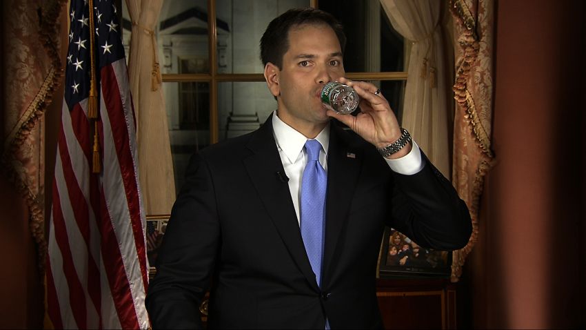 In this frame grab from video, Florida Sen. Marco Rubio takes a sip of water during his Republican response to President Barack Obama's State of the Union address, Tuesday, Feb. 12, 2013, in Washington. (AP Photo)