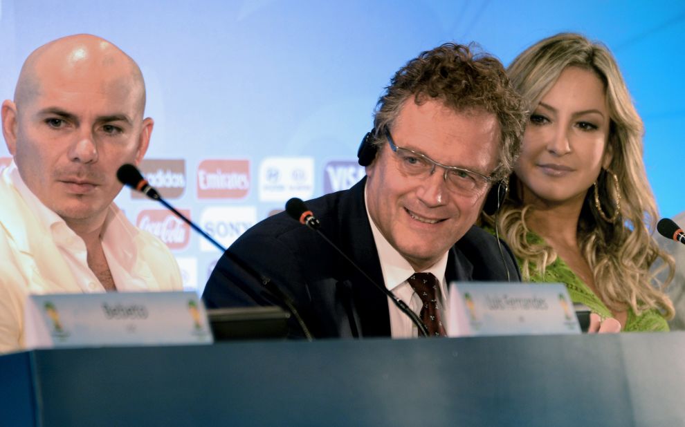 FIFA secretary general Jerome Valcke (center) officially announces the artitsts who will perform on the single, with Brazilian artist Claudia Leitte also set to feature.