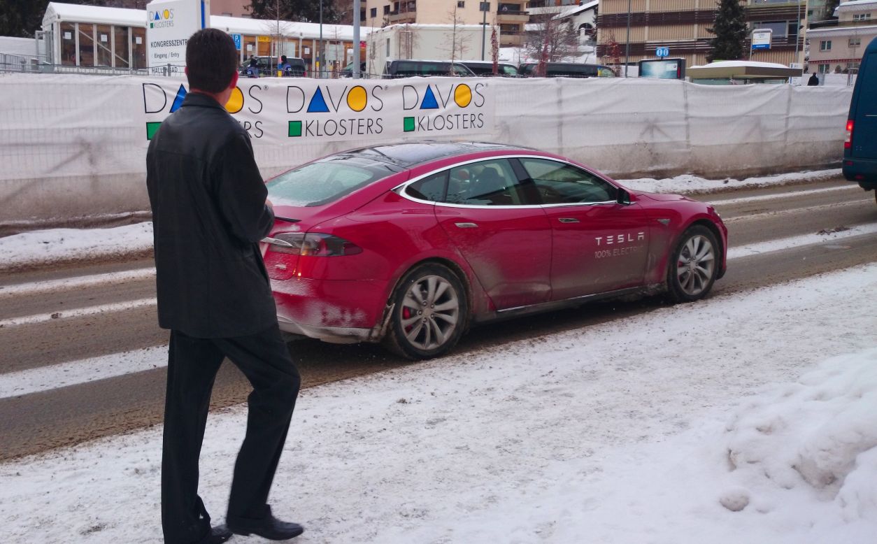 A Tesla Model S demonstrator turns heads driving around Davos.