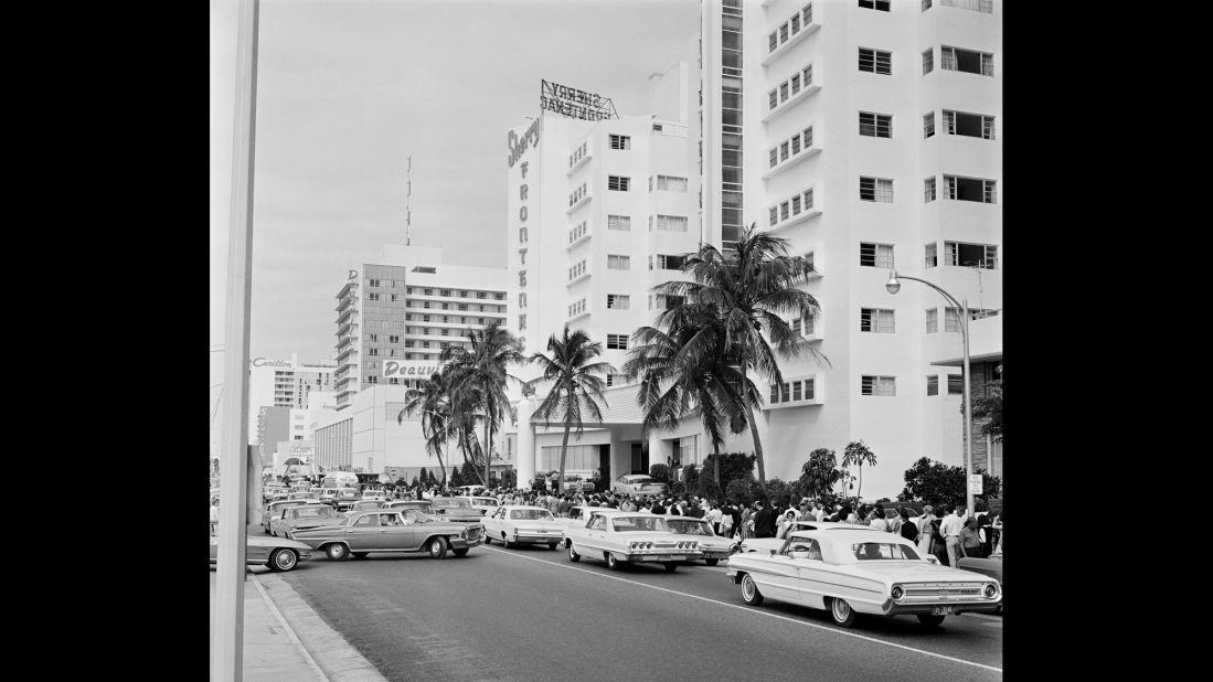 Lines form down the street from the Deauville Hotel in Miami Beach, Florida, as fans wait to see The Beatles on "The Ed Sullivan Show" on February 16, 1964. It was a week after the band's first appearance on the show.