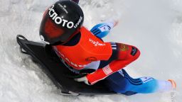 PARK CITY, UT - DECEMBER 6: Alexander Tretiakov of Russia, winner in the Men's Skeleton event, finishes his second run during the Viessmann IBSF Bobsled and Skeleton World Cup event at Utah Olympic Park December 6, 2013 in Park City, Utah. (Photo by Gene Sweeney Jr/Getty Images)