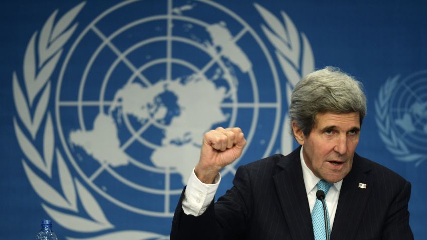 US Secretary of State John Kerry gestures during a press conference closing the so-called Geneva II peace talks dedicated to the ongoing conflict in Syria, on January 22, 2014, in Montreux. Representatives of Syrian President Bashar al-Assad, a deeply divided opposition, world powers and regional bodies started a long-delayed peace conference aimed at bringing an end to a nearly three-year civil war. AFP PHOTO / PHILIPPE DESMAZES (Photo credit should read PHILIPPE DESMAZES/AFP/Getty Images)