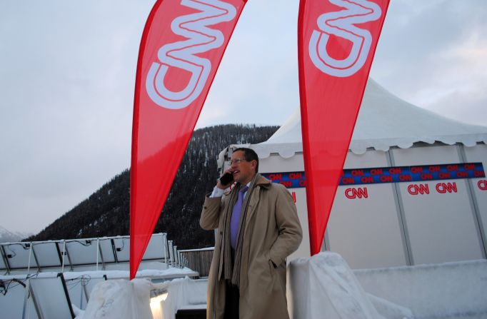 Richard Quest outside CNN's live position in Davos.