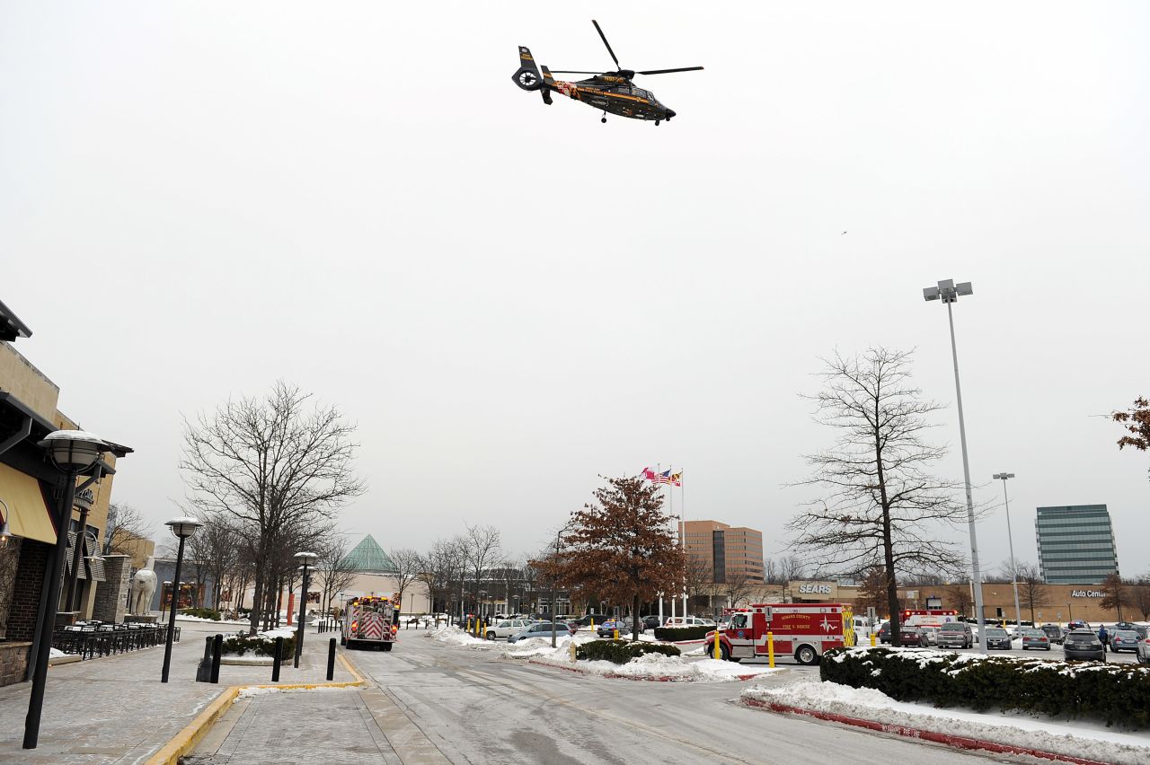 The Maryland State Police medivac flys over the mall. 