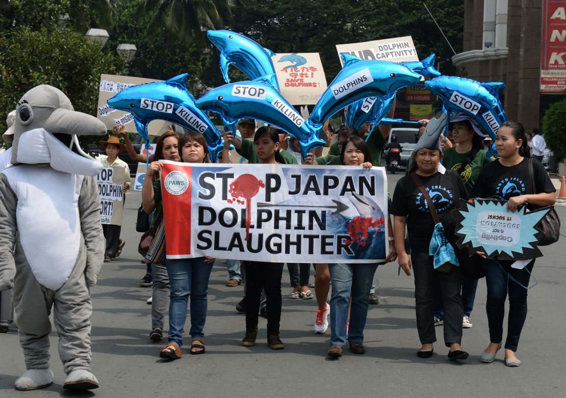Protesters march to the Japanese Embassy in Manila, Philippines, on September 2, 2013, to decry dolphin and small whales hunt in Taiji.