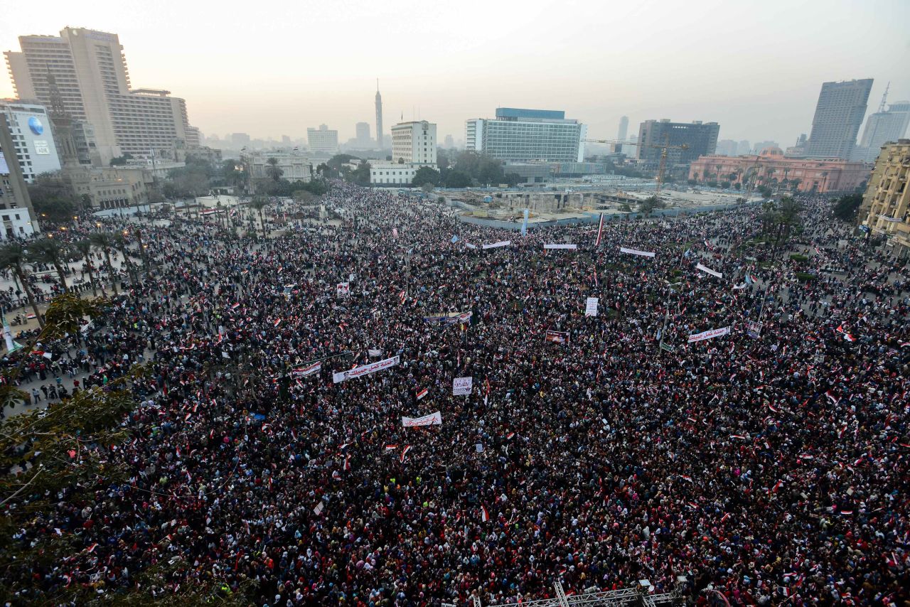 Thousands of Egyptians gather in Cairo's Tahrir Square during a rally marking the anniversary of the 2011 Arab Spring uprising on Saturday, January 25. A spate of deadly bombings put Egyptian police on edge as supporters and opponents of the military-installed government take part in rival rallies for the anniversary.