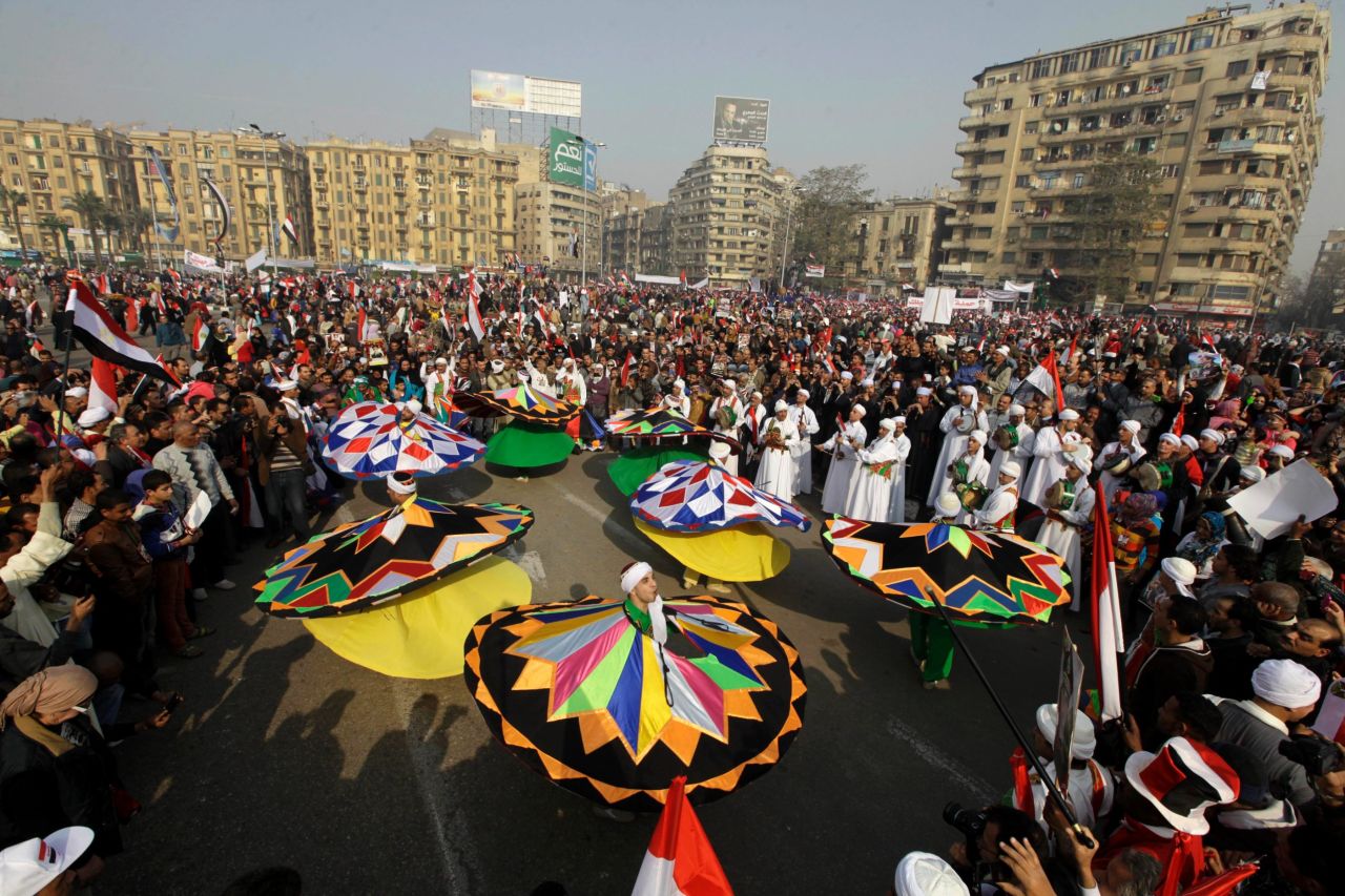 Egyptian traditional dancers perform at a pro-military rally in Tahrir Square. 