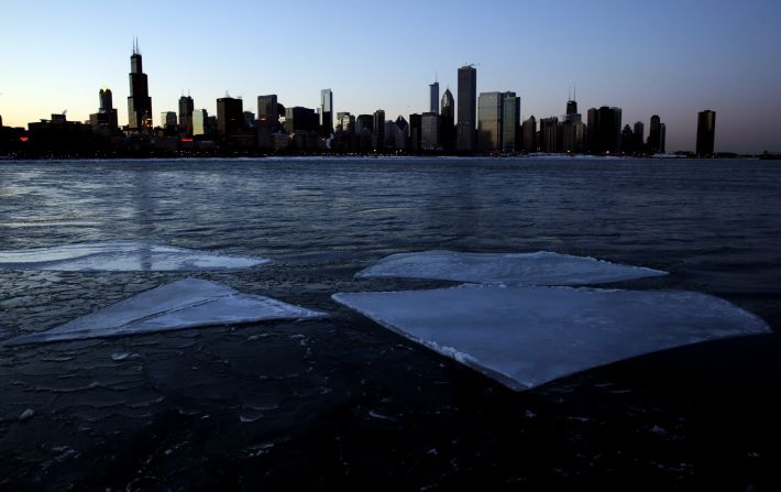 Ice floats by the Chicago skyline on Lake Michigan on Thursday, January 23. 