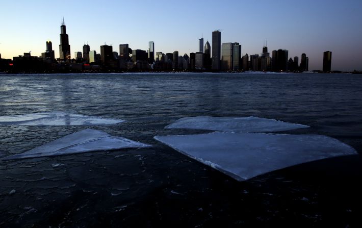 Ice floats by the Chicago skyline on Lake Michigan on Thursday, January 23.