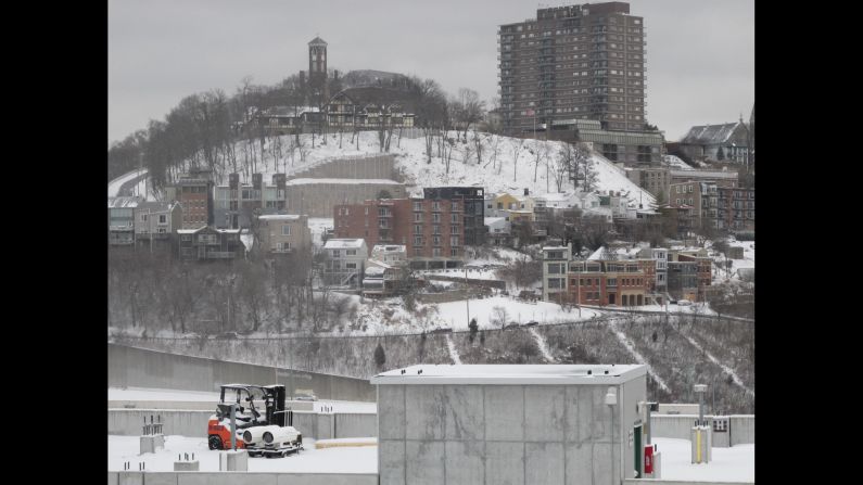 The Cincinnati neighborhood of Mount Adams is shown blanketed in snow on Saturday, January 25.