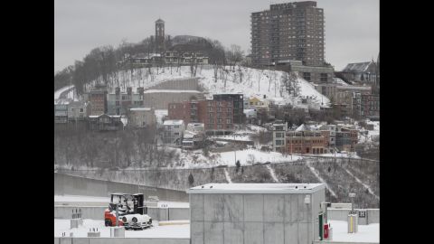 The Cincinnati neighborhood of Mount Adams is shown blanketed in snow on Saturday, January 25. 