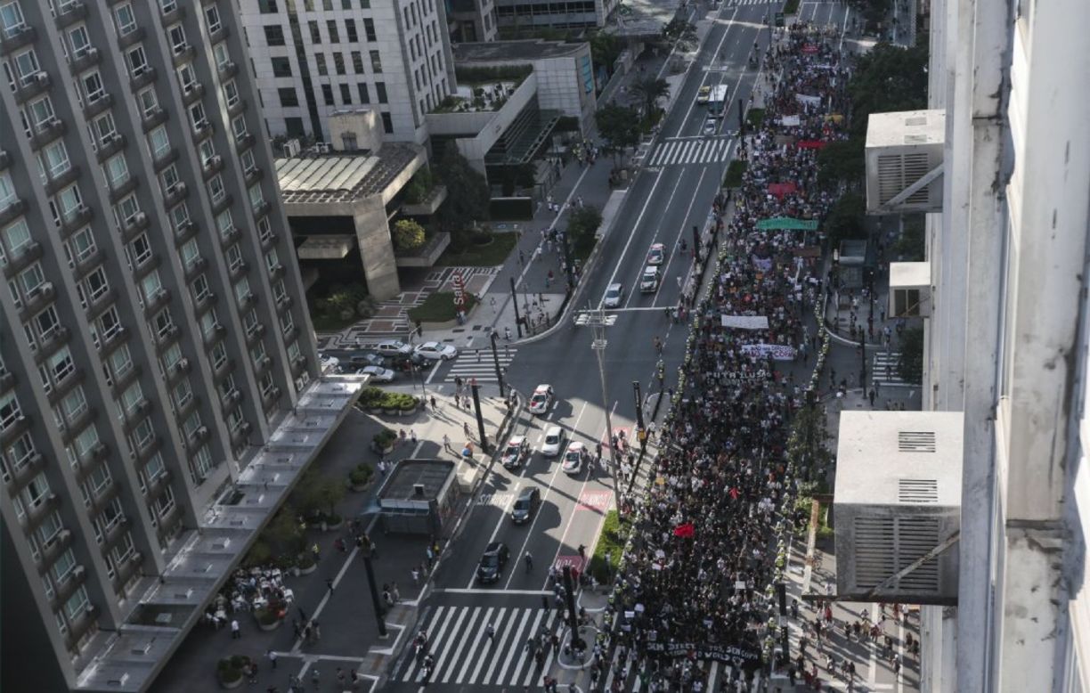 An aerial view of the protestors along Sao Paulo's Avenue Paulista. 