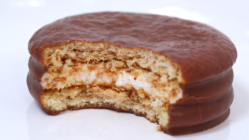 Contrary to its name, the Choco Pie is not a pie. It's two disc-shaped, chocolate-covered cakes sandwiching a rubbery layer of marshmallow cream.