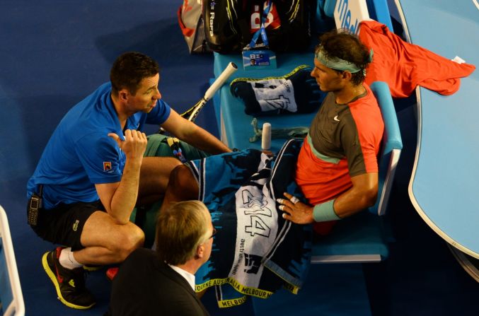 The trainer arrived with Wawrinka up 1-2 in the second. Soon Nadal was heading off court for a medical timeout.