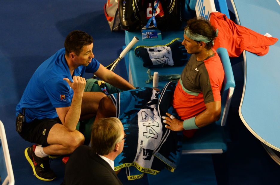 The trainer arrived with Wawrinka up 1-2 in the second. Soon Nadal was heading off court for a medical timeout.    