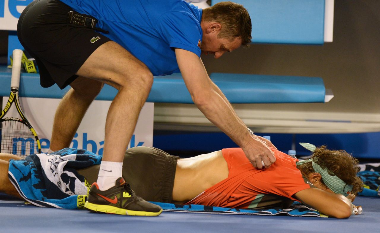Nadal continued to receive treatment at changeover of ends as Wawrinka coasted to a two-set lead.