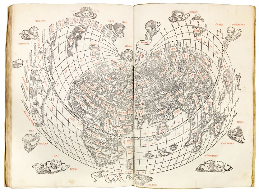 This "very fine" Venetian edition of Ptolemy's Geographica is the first atlas wholly printed in color, and the map (pictured) in the atlas is the first printed map to indicate Japan, and the second Ptolemaic world map to show America. 