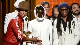 LOS ANGELES, CA - JANUARY 26:  (L-R) Musicians Pharrell Williams, Thomas Bangalter and Guy-Manuel De Homem-Christo of Daft Punk, and Nile Rodgers accept the Record of the Year award for 'Get Lucky' onstage during the 56th GRAMMY Awards at Staples Center on January 26, 2014 in Los Angeles, California.  (Photo by Kevork Djansezian/Getty Images)