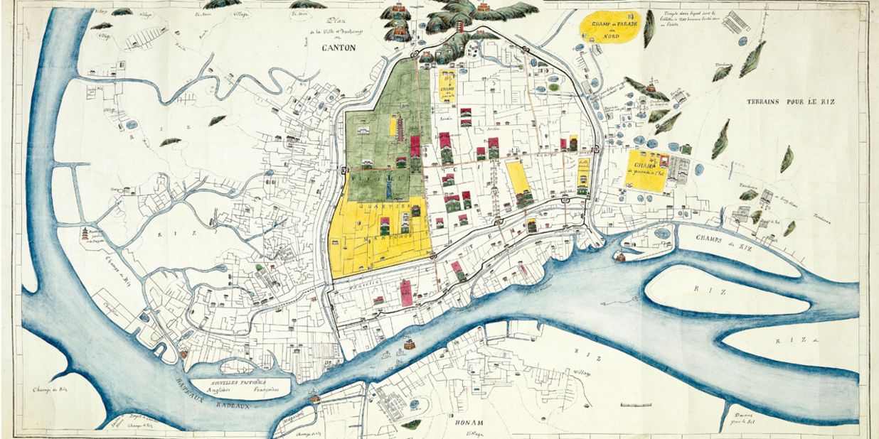 This detailed manuscript plan of Canton (Guangzhou) depicts the city at the end of the Second Opium War. Shown beyond the city walls to the right are parade grounds, numerous hospices and a leper colony. 