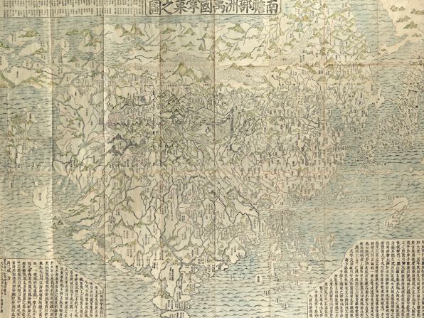 This woodblock is the first Buddhist world map printed in Japan and the prototype for all subsequent Buddhist world maps printed in Japan until the late 19th century. As an amazing example of Buddhist cosmology combined with real world cartography, the map shows a large India, where Buddha was born, as the heart of the world and echoes the pilgrimage route of famous Chinese Buddhist priest Hsuan-Tsang who traveled to India to visit sacred Buddhist places. 