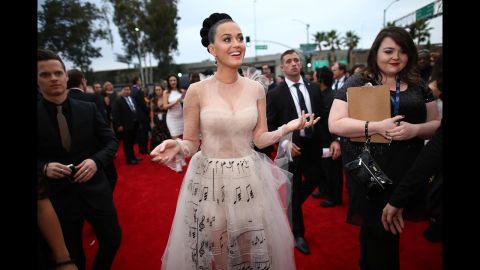 We're cheating a little bit because Katy Perry's pale gauzy gown also has music notes on it, but come on -- this is Katy Perry. Even if there was a mandate to wear all white, she'd still give it her own spin.