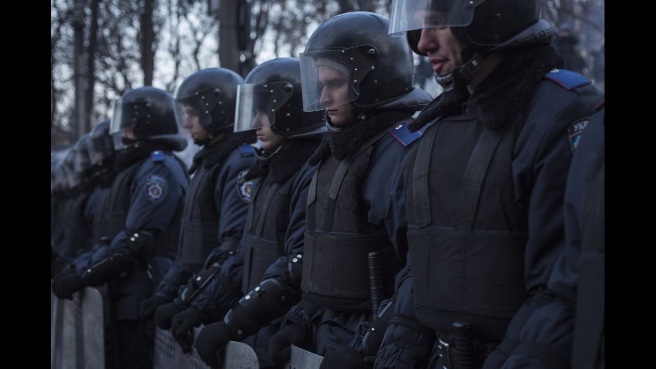 Police block a street in Kiev on January 27.