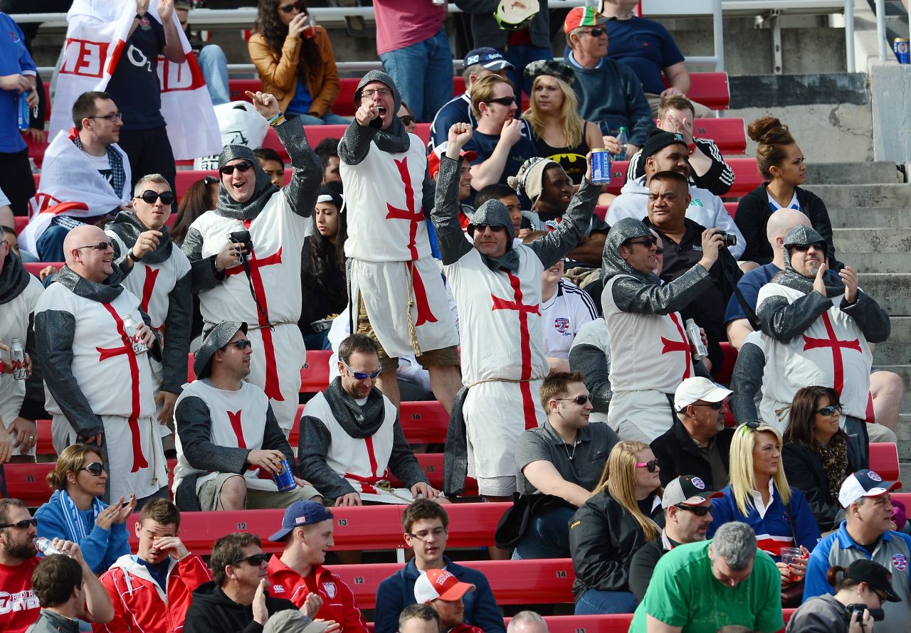 Rugby fans often favour fancy dress to show support for their team. Here England fans sport a knightly look for their team in Las Vegas.