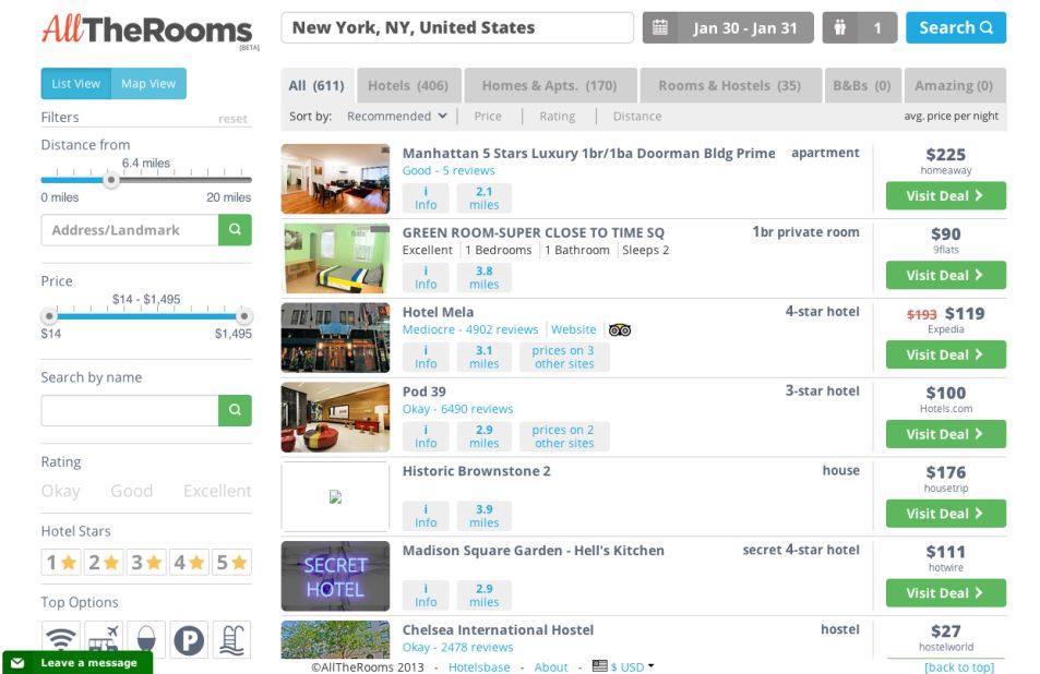 The days of multiple search tabs may be over. All The Rooms (still in development) searches hotels, bed and breakfasts, hostels and home rentals, then offers the best options on one screen.