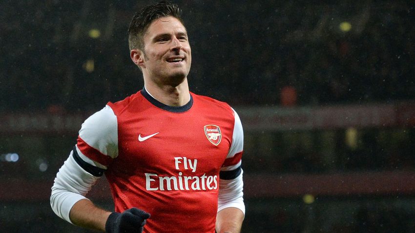 Arsenal's French striker Olivier Giroud celebrates after scoring Arsenal's third goal during the English FA Cup fourth round match between Arsenal and Coventry City at the Emirates Stadium in London on January 24, 2014. Arsenal won 4-0. AFP PHOTO/BEN STANSALL - RESTRICTED TO EDITORIAL USE. NO USE WITH UNAUTHORIZED AUDIO, VIDEO, DATA, FIXTURE LISTS, CLUB/LEAGUE LOGOS OR LIVE SERVICES. ONLINE IN-MATCH USE LIMITED TO 45 IMAGES, NO VIDEO EMULATION. NO USE IN BETTING, GAMES OR SINGLE CLUB/LEAGUE/PLAYER PUBLICATIONSBEN STANSALL/AFP/Getty Images