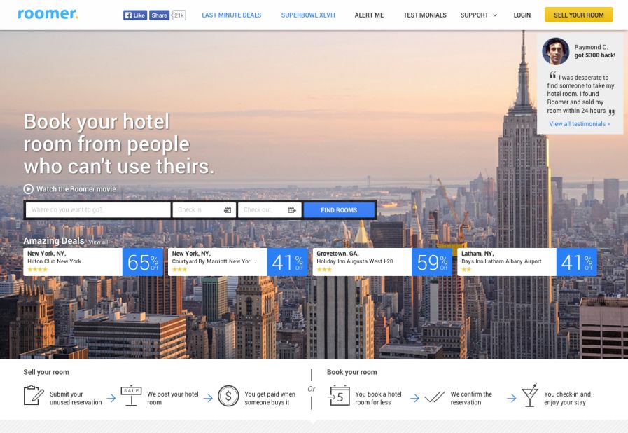 Roomer is like travel karma in website form. For helping out fellow travelers by selling off your unused rooms, you'll be rewarded with discounted hotel rates. Rooms in New York can be reduced to half price.