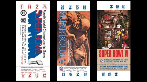 Tickets for Super Bowls IV, V and VI. The NFL has traditionally used Roman numerals for the annual event.
