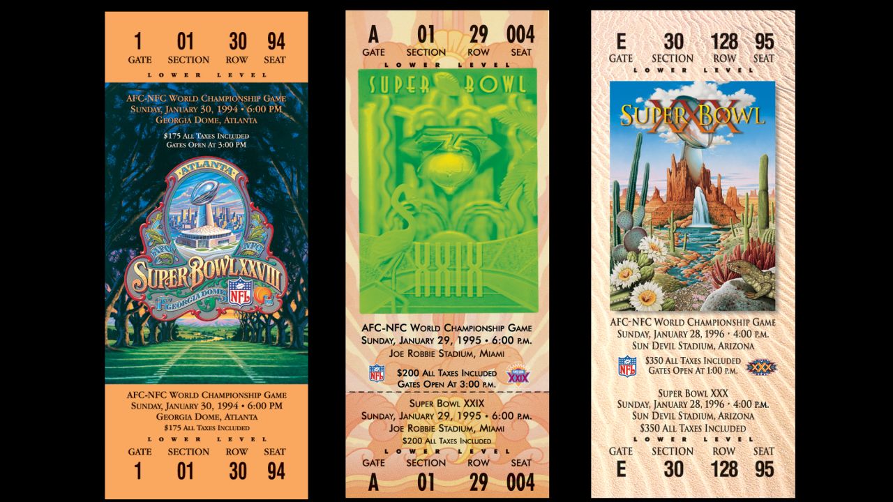 Tickets for Super Bowls XXVIII, XXIX and XXX.
