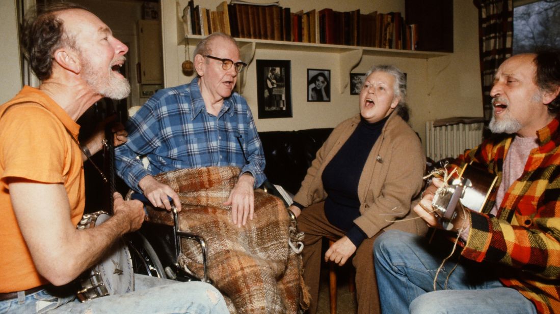 Seeger, from left, Lee Hays, Ronnie Gilbert and Fred Hellerman rehearse for a reunion concert of the Weavers in 1980.