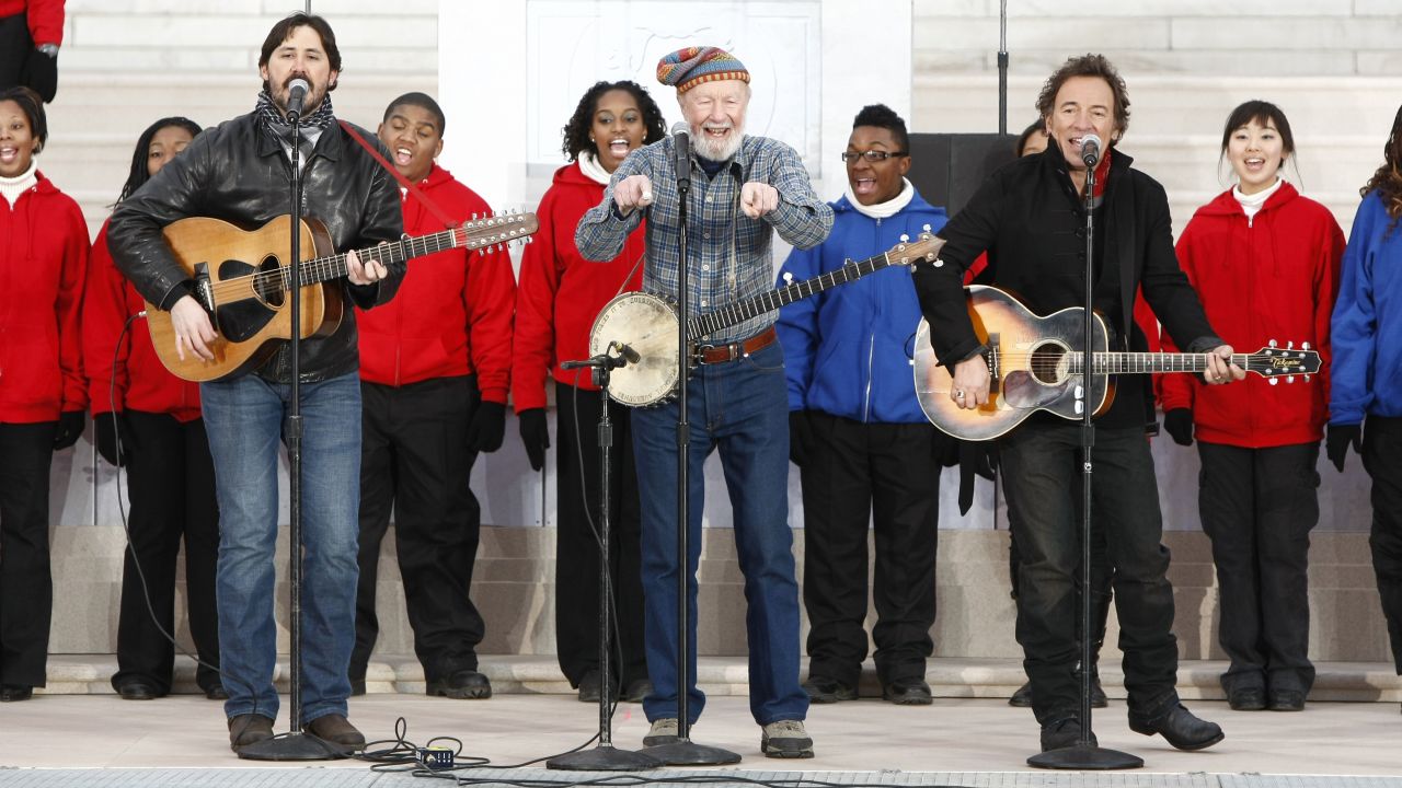 Seeger performs with Tao Rodriguez-Seeger, left, and Bruce Springsteen, right, at "We Are One: The Obama Inaugural Celebration At The Lincoln Memorial" in 2009.
